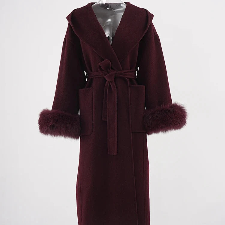 Wine Red Belted Wool Coat