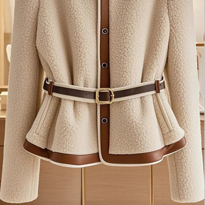 Winter Fashion Leather Patchwork Lambswool Coat - Stylish Women’s Single-Breasted Coat with Belt and Long Sleeves for Winter