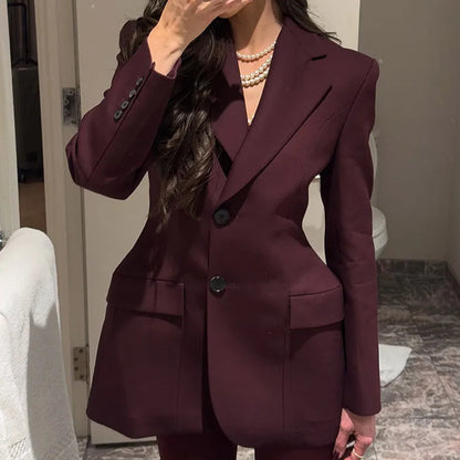 Burgundy Lapel Suit Jacket - Elegant Women’s Formal Blazer Jacket for Professional and Stylish Looks