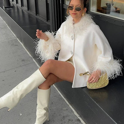 Elegant Feather Collar Cape Coat - Single-Breasted Autumn Outerwear for Women