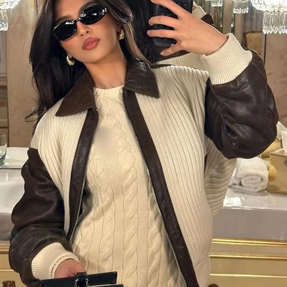 Contrasting Leather Jacket – Bold Color-Block Leather Outerwear for Women, Trendy and Stylish