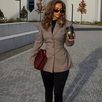 Khaki Plaid Suit Coat for Women