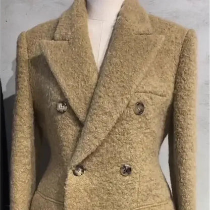 Elegant Quilted Tweed Coat - Light Luxury Women’s Light-Tan Suit Collar Long Autumn Outerwear 2023
