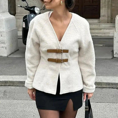 Woolen Buckle V-Neck Coat