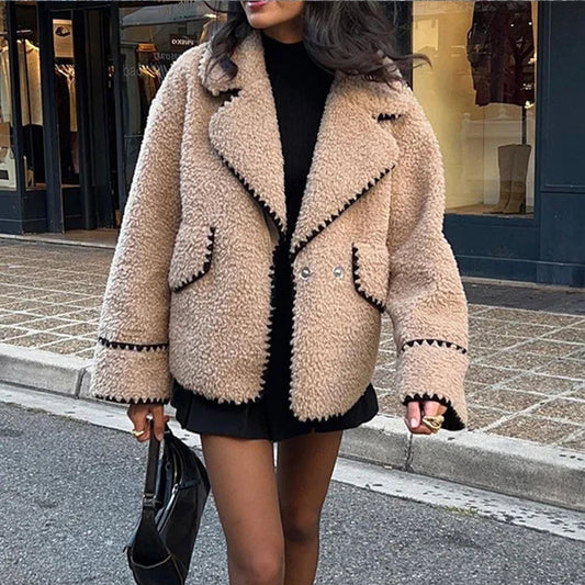 Plush Lapel V Neck Jacket - Casual Loose Fit Autumn Winter Coat with Pockets and Long Sleeves for Women