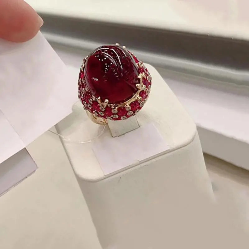585 Purple Gold Plated Ruby Engagement Ring - 14K Rose Gold Oval Ruby Adjustable Luxury Punk Jewelry for Women