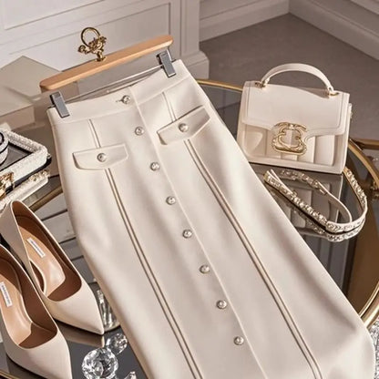 Autumn Solid Color Slim Skirt - High Waist Button Detail Patchwork Skirt for Women’s Office or Winter Style