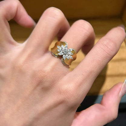 French Style Gold Zircon Ring - Retro Wire Craft Jewelry with Inlaid White Zircon, Gold Finish for Women