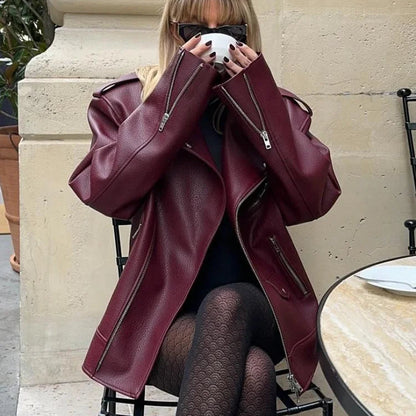 Women's Burgundy Zipper Leather Jacket - Stylish Faux Leather Biker Outerwear