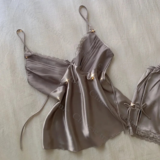 Elegant Women’s Satin Pajama Set with Lace Trim – Luxury Sleepwear for Comfort and Style