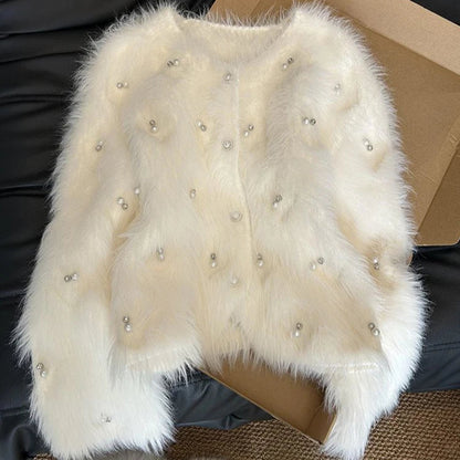 Chic Pearls White Cardigan Sweater – Elegant Women’s Knitted Top with Pearl Embellishments