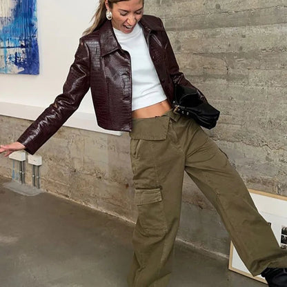 Vintage Snake Skin PU Leather Coat for Women - Elegant Single-Breasted Turn-Down Collar Jacket