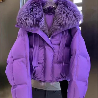 Fashionable Down Cotton Jacket - Women's Winter Coat with Large Fur Collar and Thick Down Design for 2024