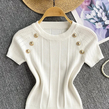 Knitted Gold Button Top for Women