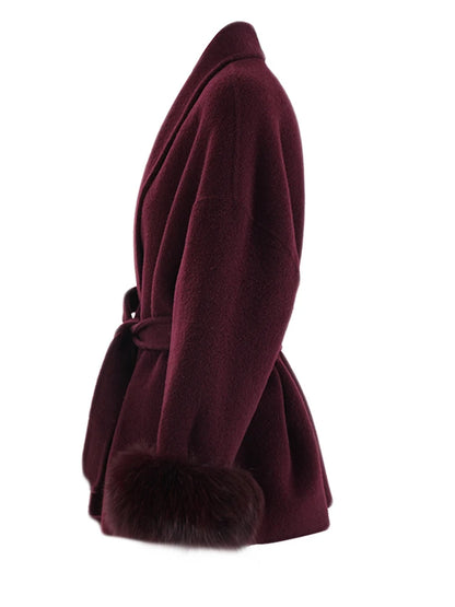 Wine Red Belted Wool Coat