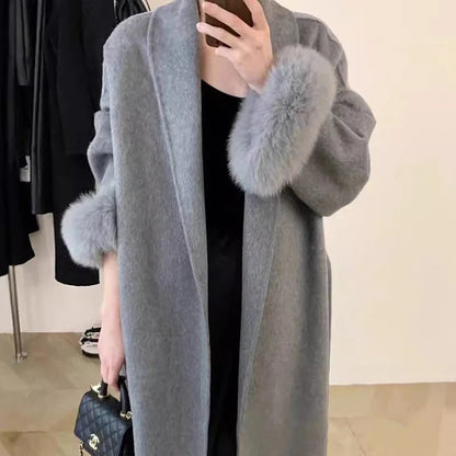 Elegant Women’s Woolen Coat with Belt and Fur Patchwork - European Style Winter Outerwear
