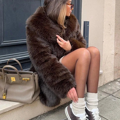 Luxury Faux Fur Coat - Vintage Lapel Belted Thicken Outerwear for Women, Autumn Winter Fashion 2024