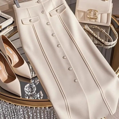 Autumn Solid Color Slim Skirt - High Waist Button Detail Patchwork Skirt for Women’s Office or Winter Style