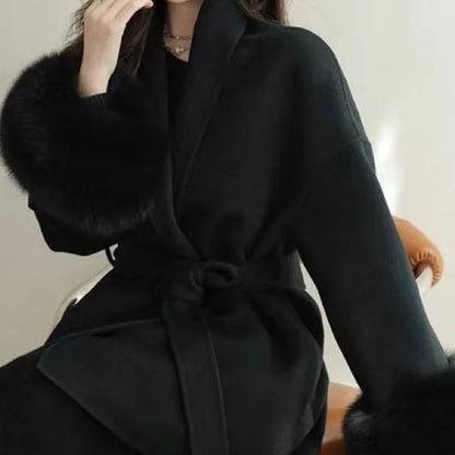 Elegant Women’s Woolen Coat with Belt and Fur Patchwork - European Style Winter Outerwear