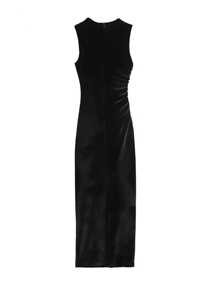 Velvet Ruched Midi Dress - Bodycon Sleeveless Long Dress for Autumn Parties and Special Occasions