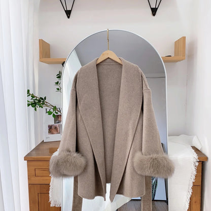 Elegant Women’s Woolen Coat with Belt and Fur Patchwork - European Style Winter Outerwear