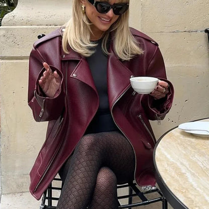 Women's Burgundy Zipper Leather Jacket - Stylish Faux Leather Biker Outerwear