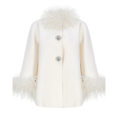 Elegant Feather Collar Cape Coat - Single-Breasted Autumn Outerwear for Women
