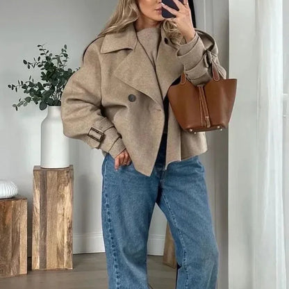 Solid Wool Cropped Coat for Women