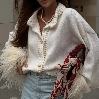 Chic Feather Patchwork Knit Cardigan – Cozy and Stylish Women’s Sweater for Fall & Winter