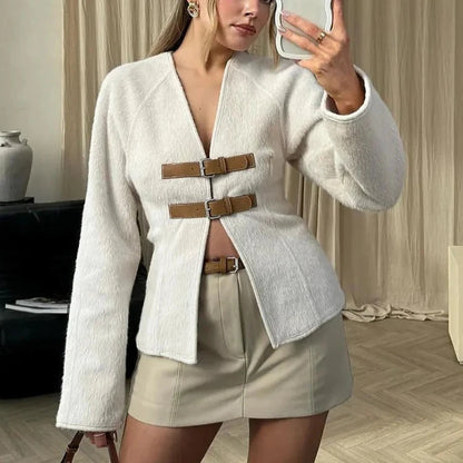 Woolen Buckle V-Neck Coat