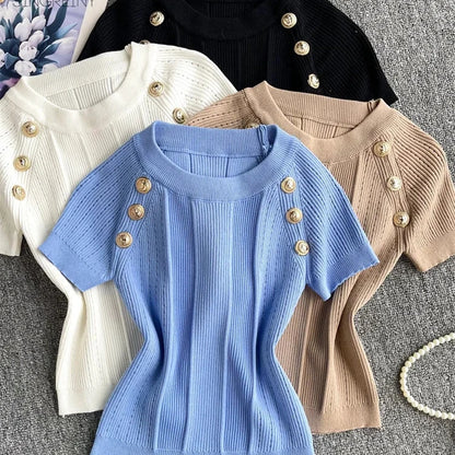 Knitted Gold Button Top for Women