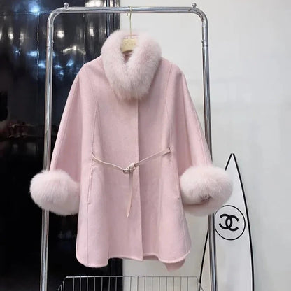 Elegant Women’s Fox Fur Wool Cape Shawl with Luxurious Fur Trim