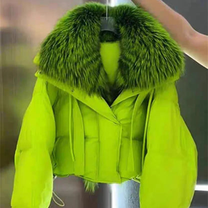 Fashionable Down Cotton Jacket - Women's Winter Coat with Large Fur Collar and Thick Down Design for 2024