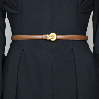 Genuine Leather Fashion Belt - High-Quality Metal Knot Buckle Waistband for Dress and Jeans