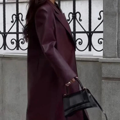 Elegant Burgundy Leather Overcoat – Stylish and Sophisticated Women’s Leather Outerwear