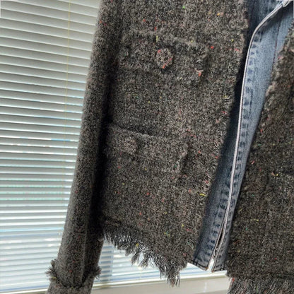 Chic Denim Patchwork Jacket - Retro Women’s Short Coat with Tassel Details and Turn Down Collar for Autumn Fashion