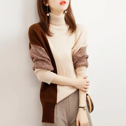 Korean Patchwork Turtleneck Sweater - Loose Knitting Autumn Winter Bottoming Shirt for Women