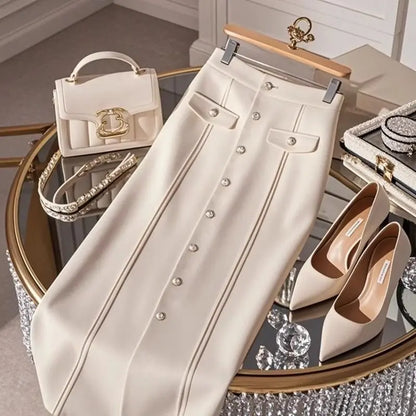 Autumn Solid Color Slim Skirt - High Waist Button Detail Patchwork Skirt for Women’s Office or Winter Style