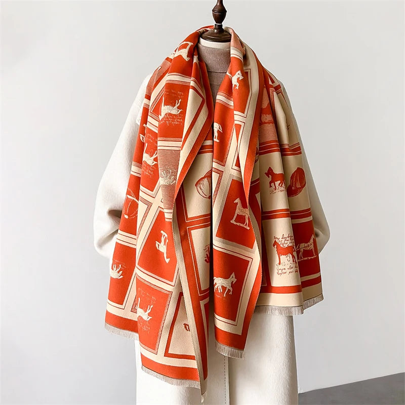 Luxury Horse Pashmina Shawl for Women - Warm Cashmere Winter Scarf and Thick Blanket Wrap
