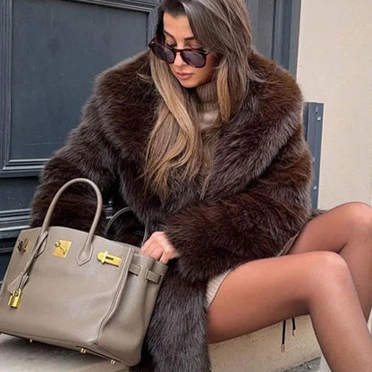 Luxury Faux Fur Coat - Vintage Lapel Belted Thicken Outerwear for Women, Autumn Winter Fashion 2024
