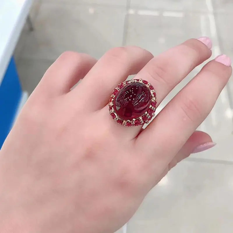 585 Purple Gold Plated Ruby Engagement Ring - 14K Rose Gold Oval Ruby Adjustable Luxury Punk Jewelry for Women