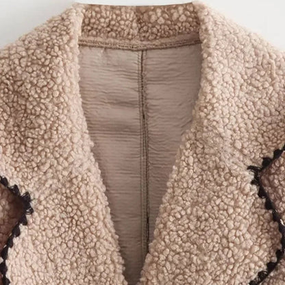 Plush Lapel V Neck Jacket - Casual Loose Fit Autumn Winter Coat with Pockets and Long Sleeves for Women