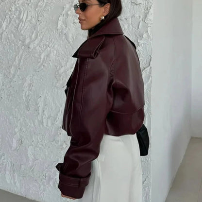 Elegant Burgundy Leather Overcoat – Stylish and Sophisticated Women’s Leather Outerwear