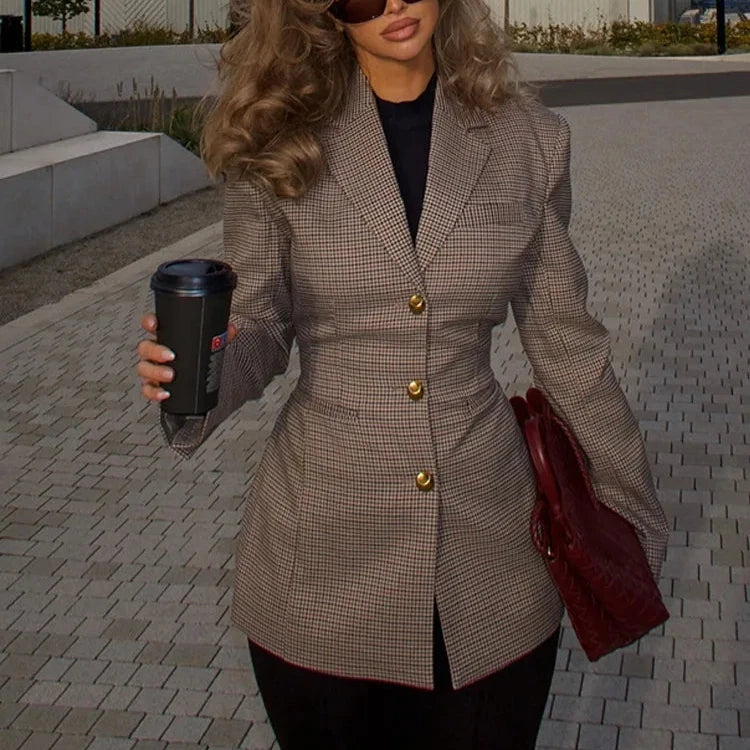 Khaki Plaid Suit Coat for Women