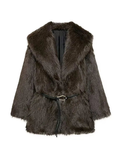 Luxury Faux Fur Coat - Vintage Lapel Belted Thicken Outerwear for Women, Autumn Winter Fashion 2024