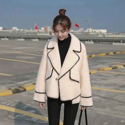 Plush Lapel V Neck Jacket - Casual Loose Fit Autumn Winter Coat with Pockets and Long Sleeves for Women