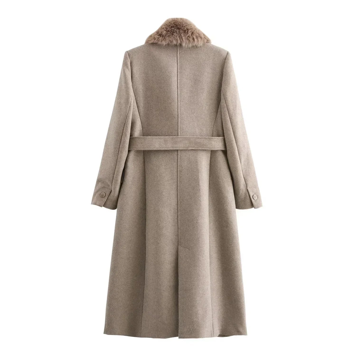 Elegant Wool Blend Long Coat - Faux Fur Collar, Belted French Chic Winter Overcoat for Women 2024