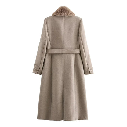 Elegant Wool Blend Long Coat - Faux Fur Collar, Belted French Chic Winter Overcoat for Women 2024