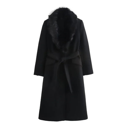 Elegant Wool Blend Long Coat - Faux Fur Collar, Belted French Chic Winter Overcoat for Women 2024
