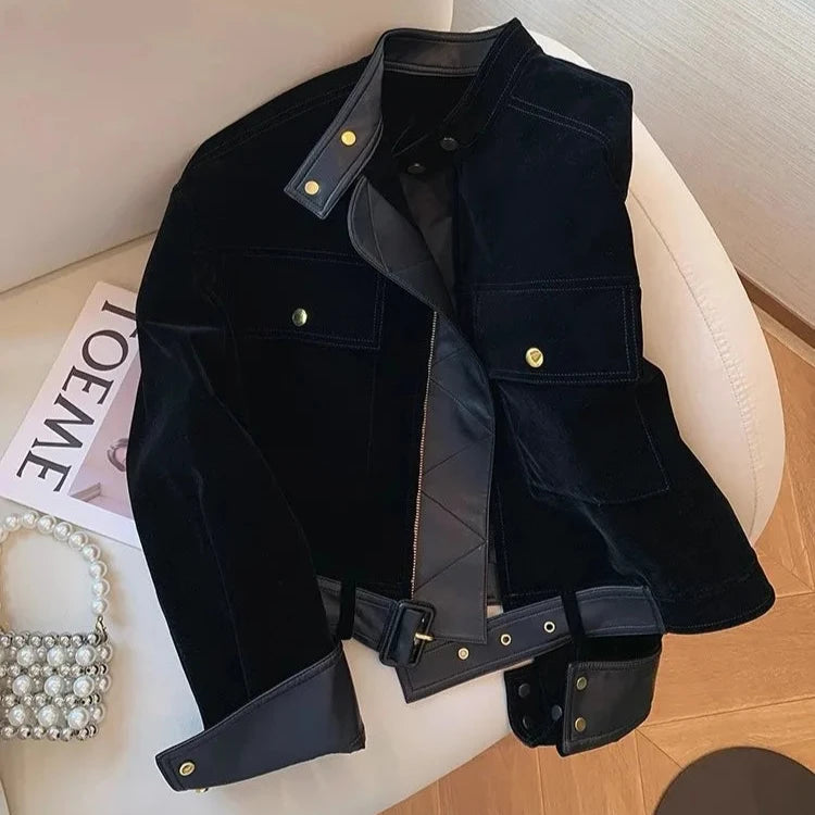 American Retro Velvet Jacket - Women’s Zipper Outerwear with Vintage Charm and Luxurious Velvet Finish